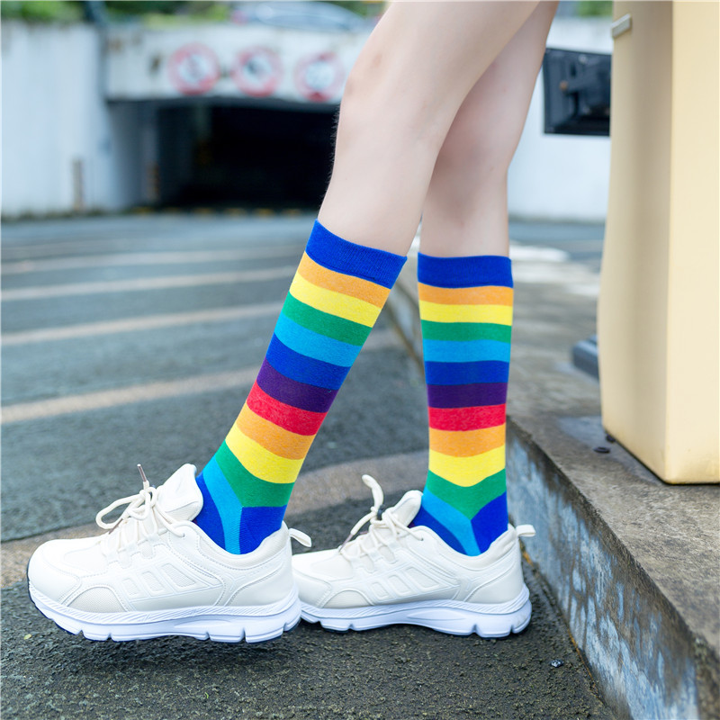 Rainbow Girls Socks Tube Socks Candy Color Japanese Street Personality Striped Socks